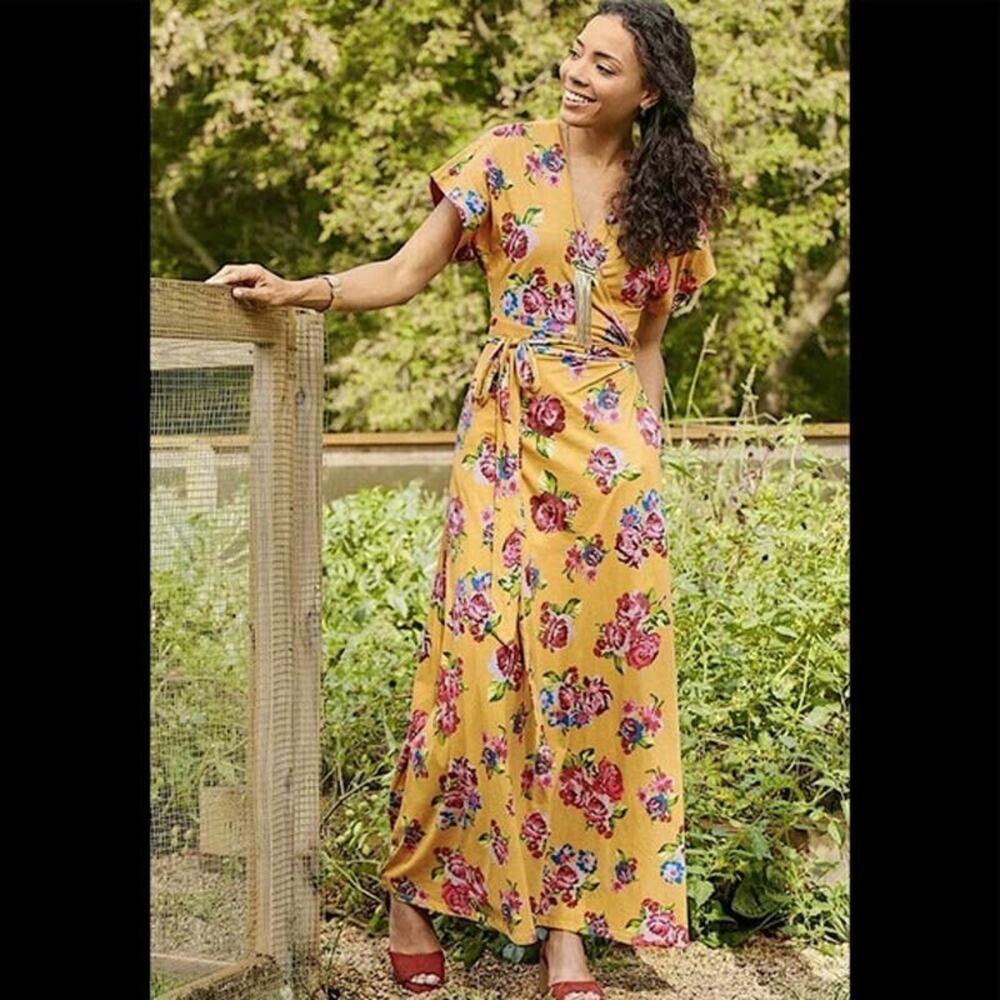 Matilda Jane Alana Mustard Yellow Pink Floral Maxi Short Sleeve Wrap Dress M